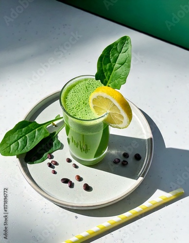 Reference ImageTop view of a spinach smoothie juice garnished with a lemon slice and spinach leaves on a white plate and a yellow straw on a white table with a green background photo