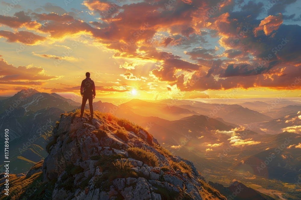 Man Standing on a Mountaintop Overlooking a Valley at Sunset, Embracing the View Man Standing on a Mountaintop Overlooking a Valley at Sunset, Embracing the View