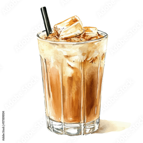 A watercolor vector painting of an Iced Spiced Chai Latte, isolated on a white background. Iced Spiced Chai Latte vector.

