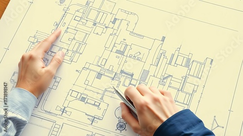 Architect hand sketching blueprint for architecture project, acumen, design