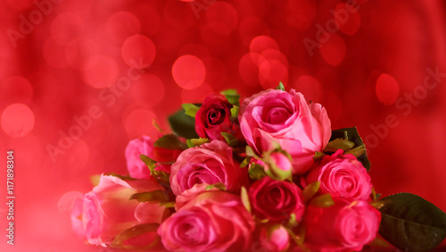 A romantic bouquet of pink and red roses highlighted by a glowing red bokeh background, setting a warm and inviting scene filled with love and affection.