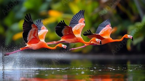 Three vibrant orange flamingos in flight over calm water, splashing droplets.