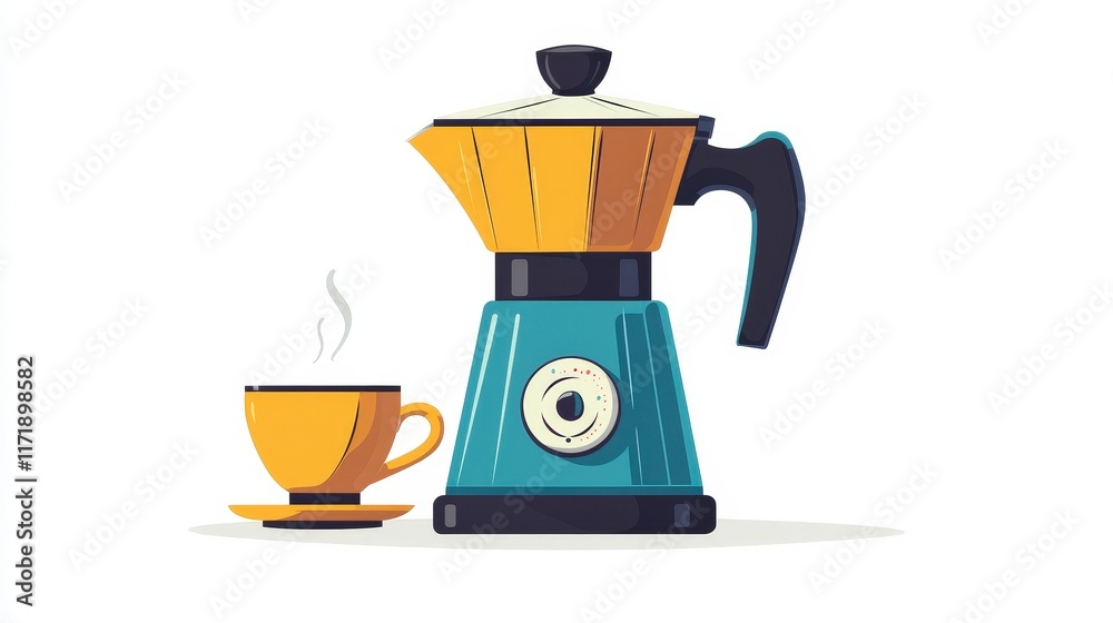 Colorful espresso maker with steaming cup of coffee on white background Colorful espresso maker with steaming cup of coffee on white background