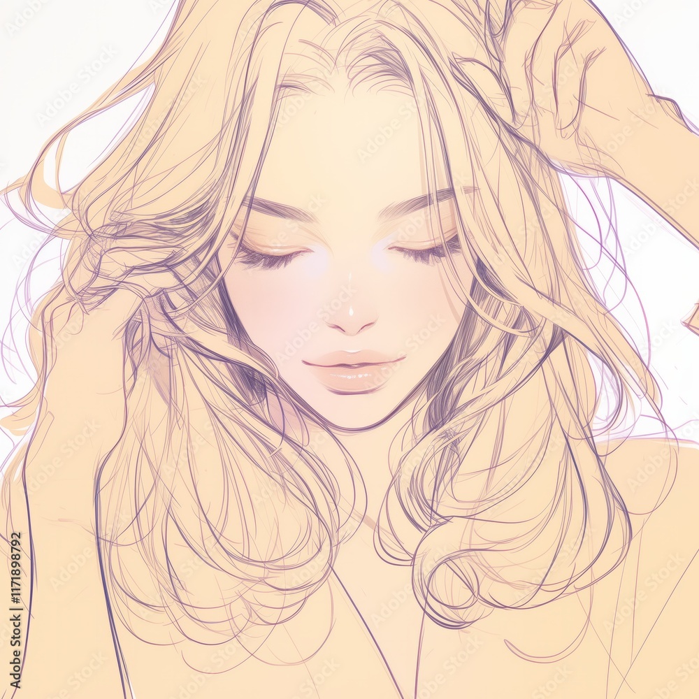 Beautiful Woman Gently Touching her Blond Hair with Closed Eyes Beautiful Woman Gently Touching her Blond Hair with Closed Eyes