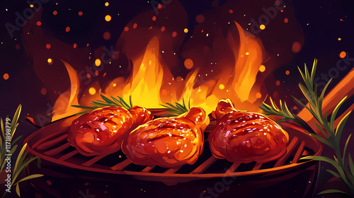 Outdoor barbecue: chicken legs on the grill with glaze, rosemary, and fresh vegetables against a flame-lit backdrop. Flamelit. Illustration photo