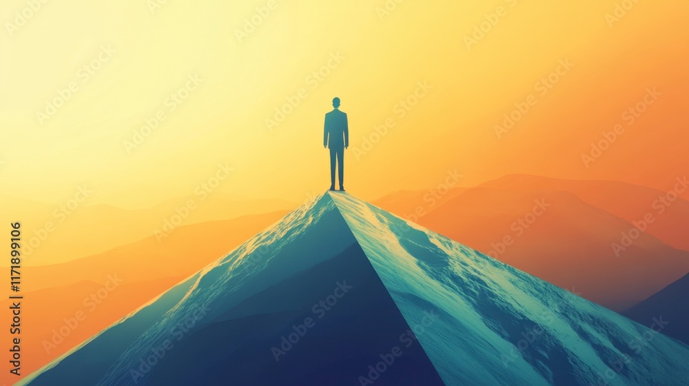 Businessman Standing on Mountain Peak at Sunset - Success Concept Businessman Standing on Mountain Peak at Sunset - Success Concept
