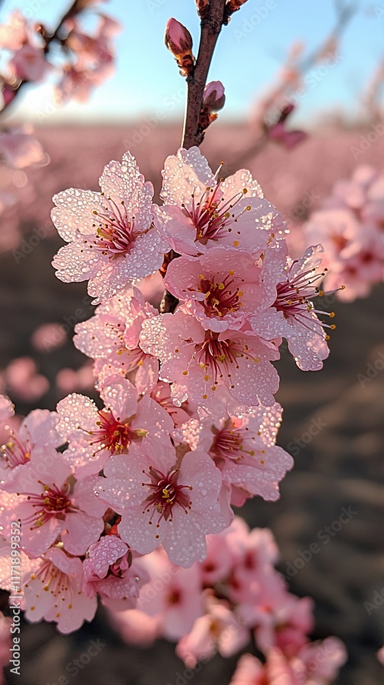 Dew-kissed pink almond blossoms in orchard at sunrise. Dew-kissed pink almond blossoms in orchard at sunrise.