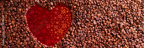Konstfotografi Creative heart shape formed by coffee beans against a vibrant red starry background, symbolizing warmth and love, perfect for branding and artistic themes