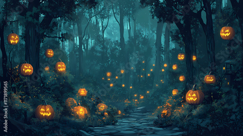 Spooky halloween pumpkin display with glowing jack-o'-lanterns in forest setting. Flamelit. Illustration photo