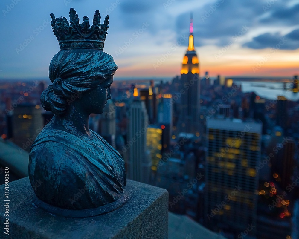 Obraz premium Crowned statue overlooking city skyline at sunset.