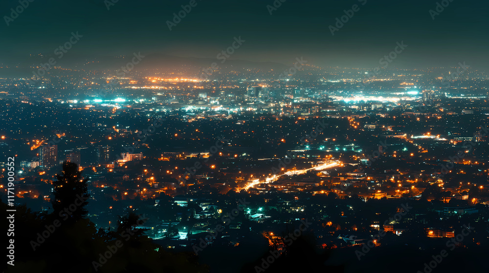 Fototapeta premium Twinkling City Lights: Night Long Exposure of Urban Glow