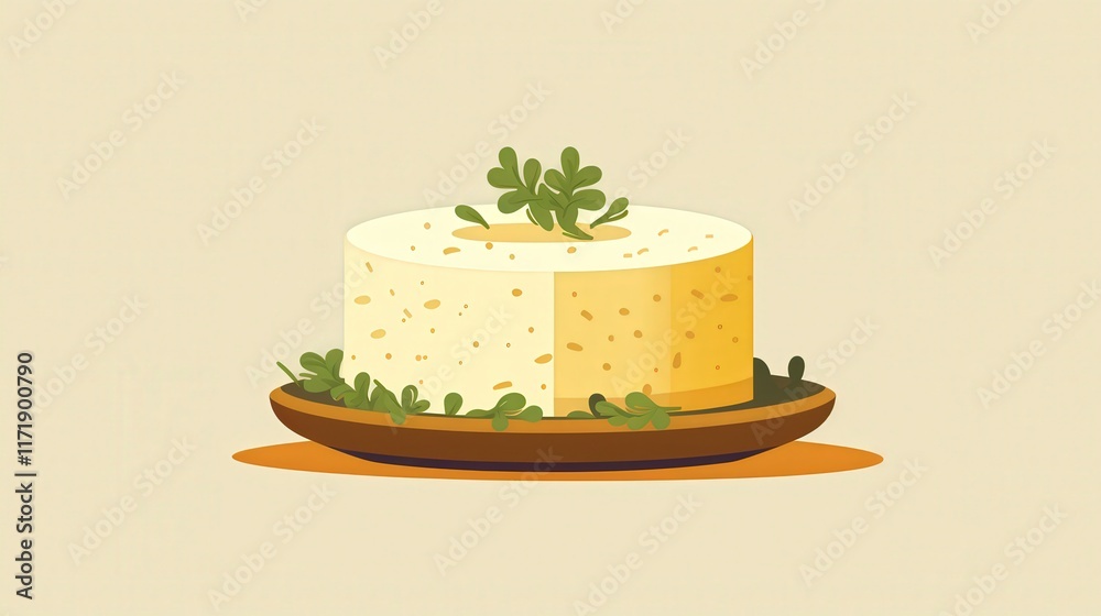 Freshly Cut Cheese Block with Garnish and Platter on Neutral Background Freshly Cut Cheese Block with Garnish and Platter on Neutral Background