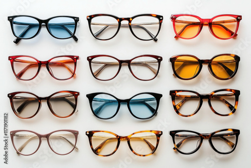 Row of glasses with varying shades, arranged neatly on a wooden shelf, catching the sunlight through a nearby window.