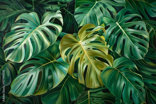 Close up of overlapping monstera deliciosa leaves forming a vibrant, natural pattern photo