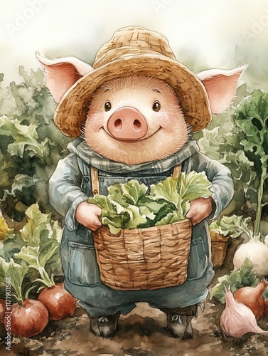 Happy pig farmer harvesting fresh vegetables in garden photo