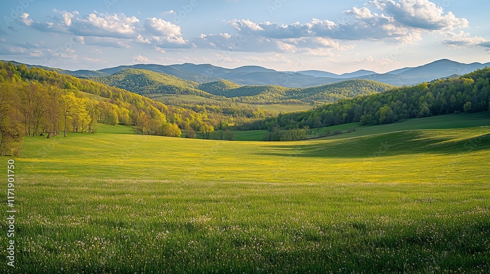 Obraz premium Scenic panorama of peaceful countryside in Romania with green hills, mountains, and autumn foliage, showcasing a tranquil rural landscape, valley, and vibrant village road under a colorful sky