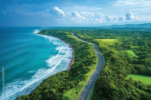 Winding coastal road cuts through lush green forest in Puerto Rico