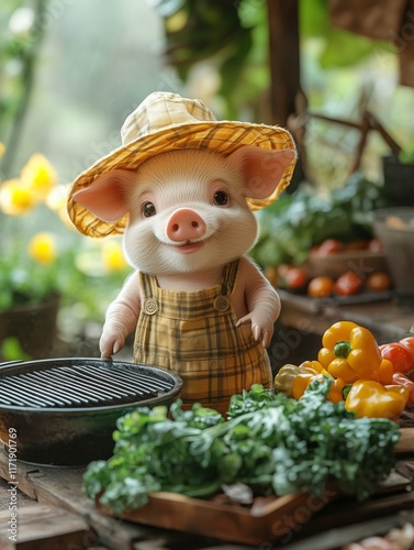 Cute pig farmer preparing vegetables for grilling in garden photo