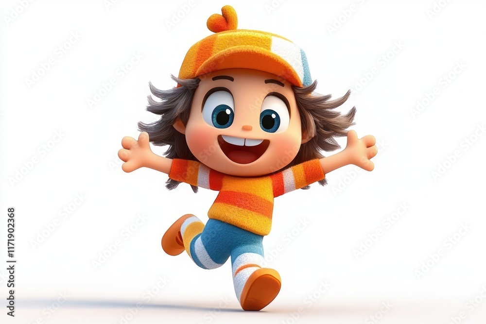Happy joyful cartoon character girl running playing laughing energetic fun cheerful kid child expression on white background Happy joyful cartoon character girl running playing laughing energetic fun cheerful kid child expression on white background