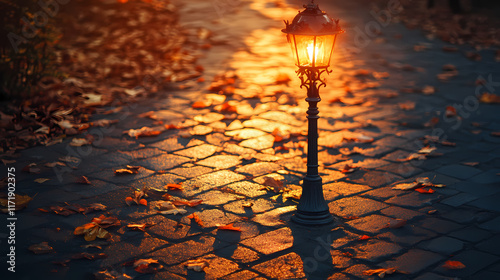 High-quality stock photo of a flame-lit street lamp casting warm light on paved pathway surrounded by autumn leaves in a shadows at dusk. Flamelit. Illustration photo