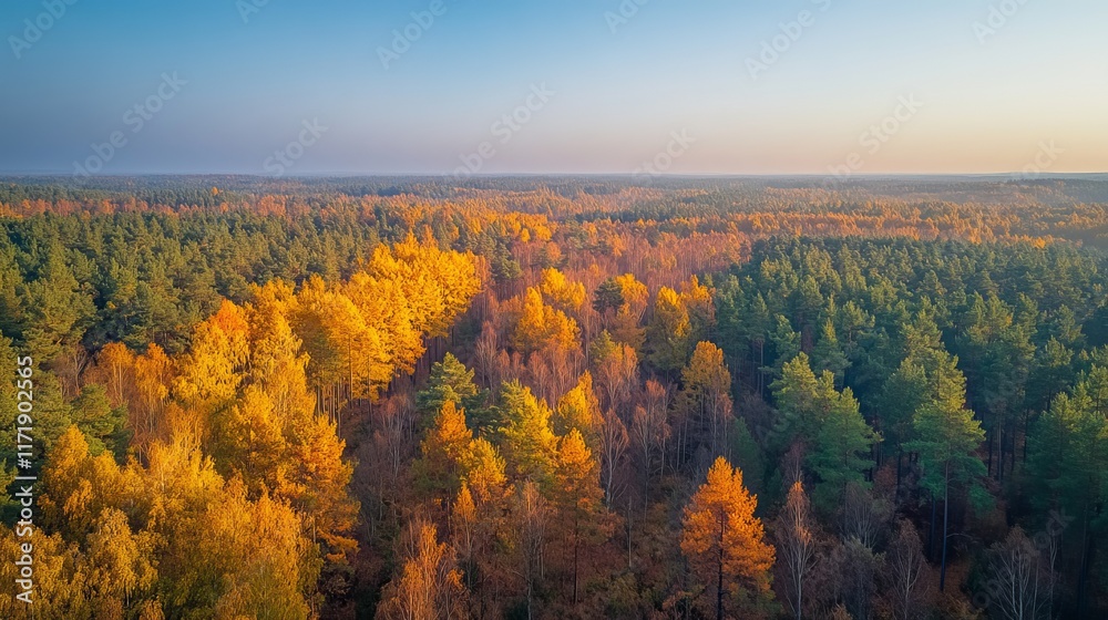Fototapeta premium sunny forest in autumn with vibrant fall foliage, golden leaves, and a peaceful forest path, showcasing nature's beauty and seasonal change under bright sunlight and clear sky