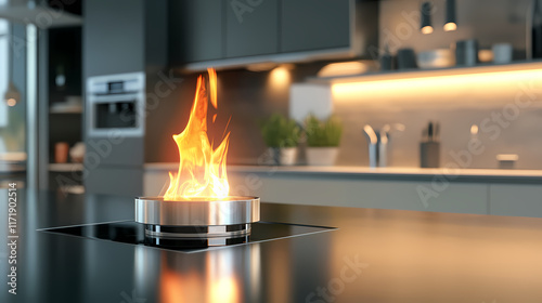 Modern kitchen with a flame-lit metal stand. Flamelit. Illustration photo