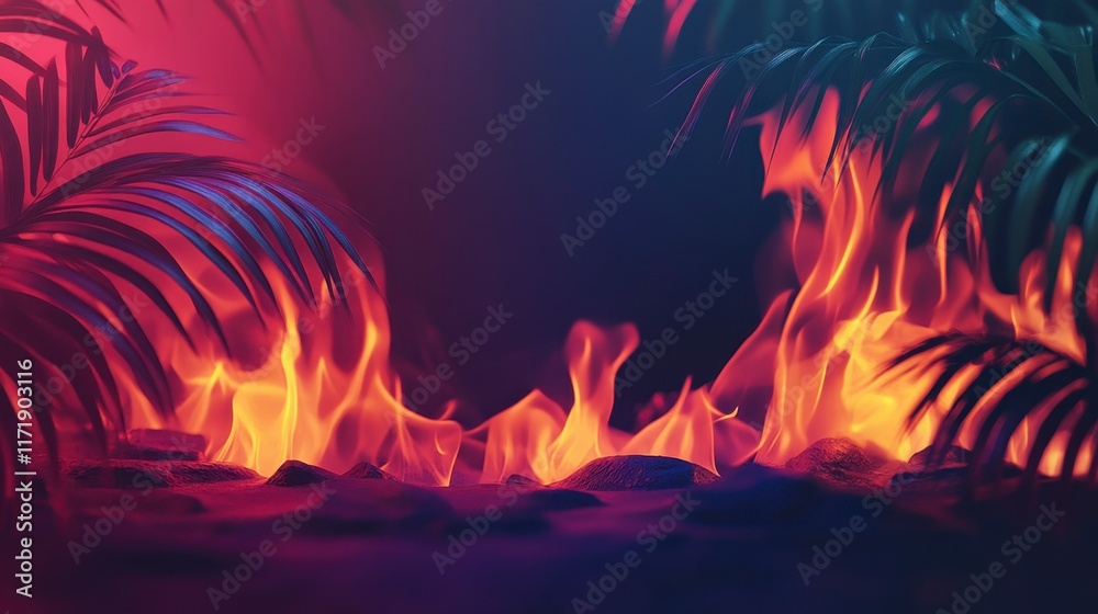 Flaming Tropical Paradise Night Scene