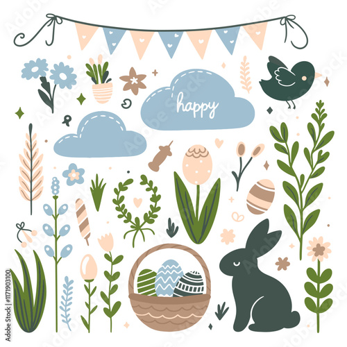 Set of cute Easter characters and elements. Easter bunny, chicks, eggs and flowers. Vector illustration.