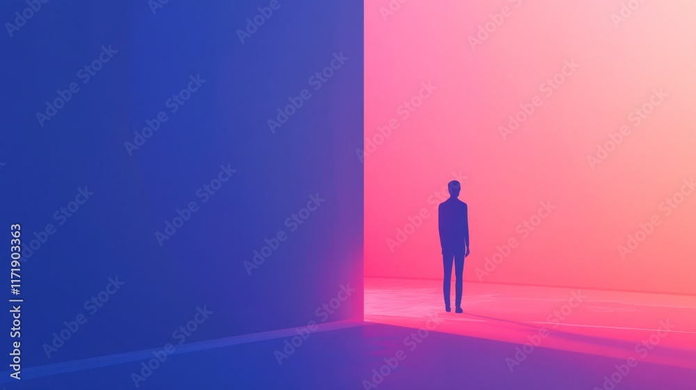 Thoughtful Man Silhouette at Crossroads, Minimalist Pink Blue Gradient Background