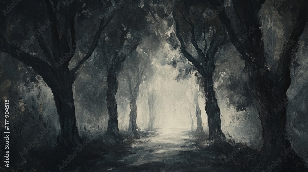 Fototapeta premium A dark, atmospheric forest path leading to a bright light.