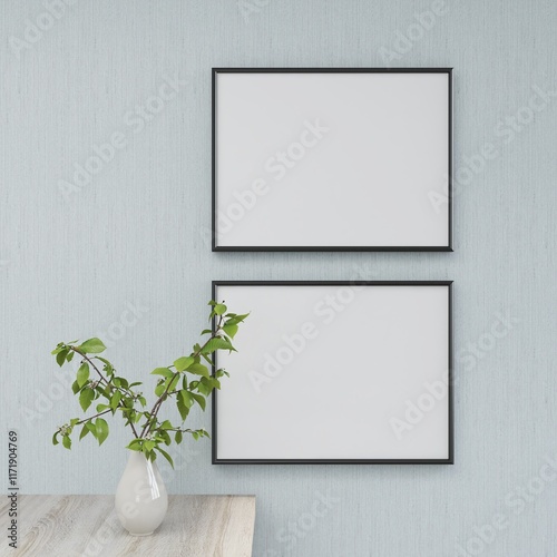 Mockup of two horizontal frames on a light blue wall and interior decoration with a plant on a table. 3D rendering, interior design, 3D illustration