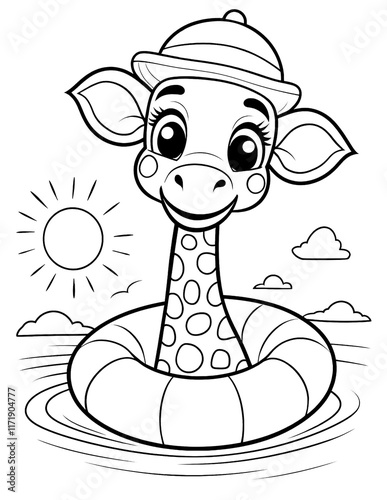 cartoon animal in swimming float, summer theme coloring page. ready to print on standard 8.5x11 inch paper photo