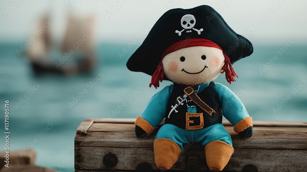 Fototapeta premium Colorful pirate doll on a wooden crate by the sea.