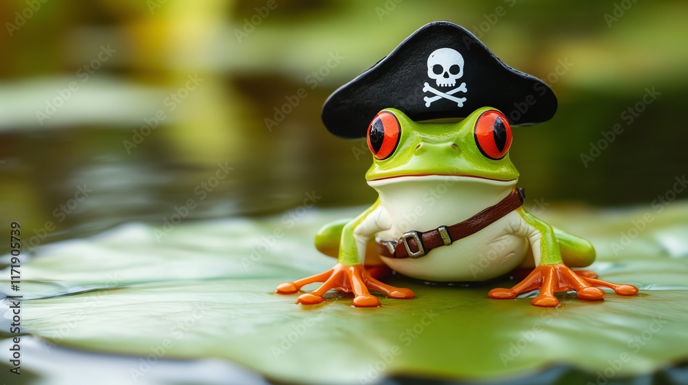 Naklejka premium A playful frog dressed as a pirate on a lily pad.