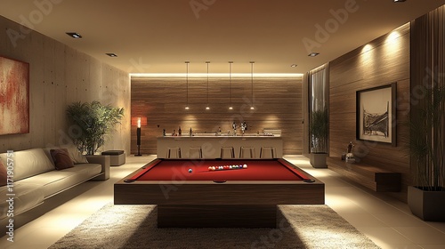 Luxury game room with pool table, bar, and seating.