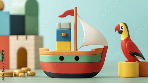 Colorful toy boat and parrot against vibrant backdrop.