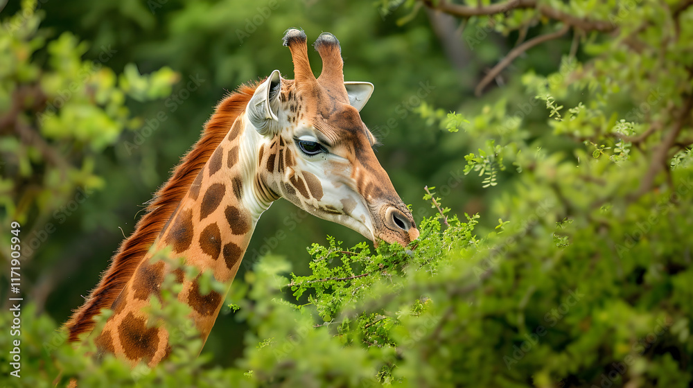 Majestic Giraffe Grazing in the Lush African Savanna Under a Clear Blue Sky Majestic Giraffe Grazing in the Lush African Savanna Under a Clear Blue Sky