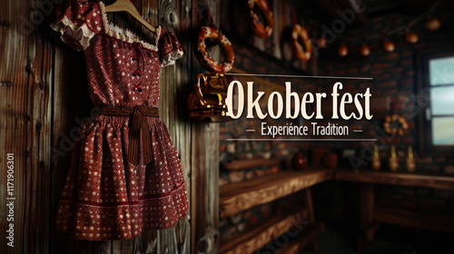 Celebrate Oktoberfest with a close-up of a dirndl and lederhosen displayed on a wooden wall, evoking warmth and tradition