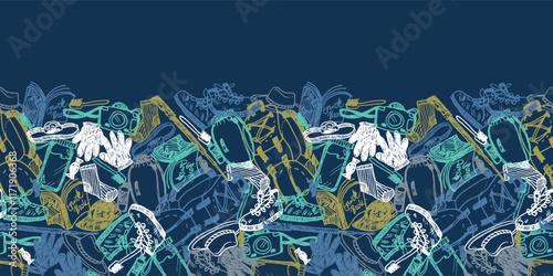 Vector blue doodle sketch chaotic overlap horizontal border pattern with objects for trekking and hiking. Suitable for outdoor activity posters and trekking brochures.