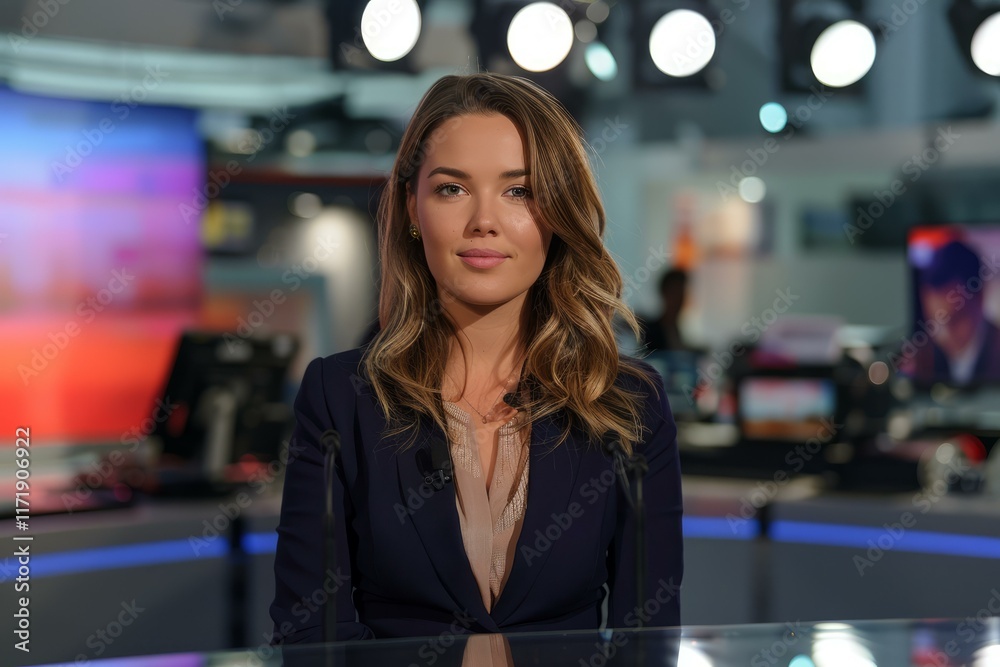Fototapeta premium News presenter reporting breaking news in television studio