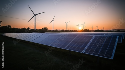 Solar panels and wind turbines generating renewable energy, powering a sustainable future with clean electricity photo