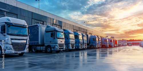 A row of trucks is parked in front of a modern warehouse, showcasing cargo trailers prepared for transporting goods at twilight