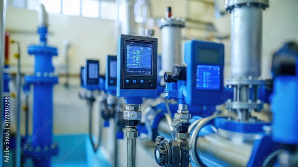 A blue and white industrial setting with a large display of electronic equipment A blue and white industrial setting with a large display of electronic equipment