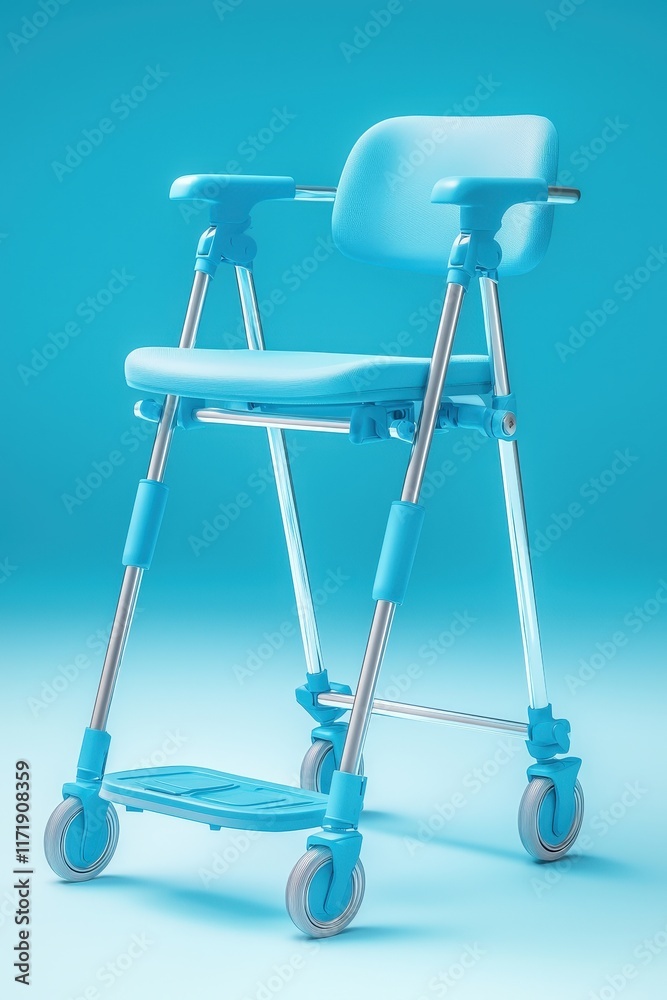 A walker positioned next to a therapy chair on a simple white surface. A walker positioned next to a therapy chair on a simple white surface.
