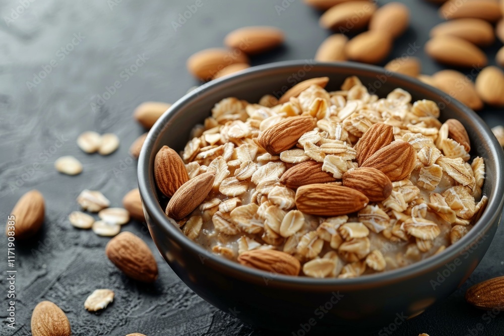 Oatmeal porridge with almonds in a dark bowl is a healthy and nutritious breakfast option Oatmeal porridge with almonds in a dark bowl is a healthy and nutritious breakfast option