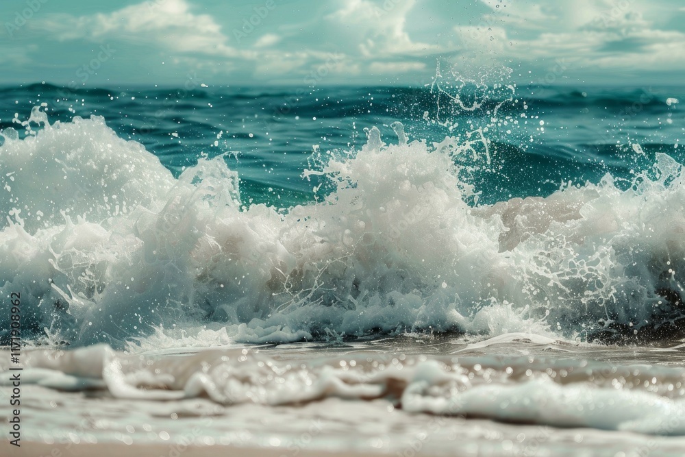 Fototapeta premium Powerful ocean waves crashing on a sandy beach, creating dynamic white foam and water splashes