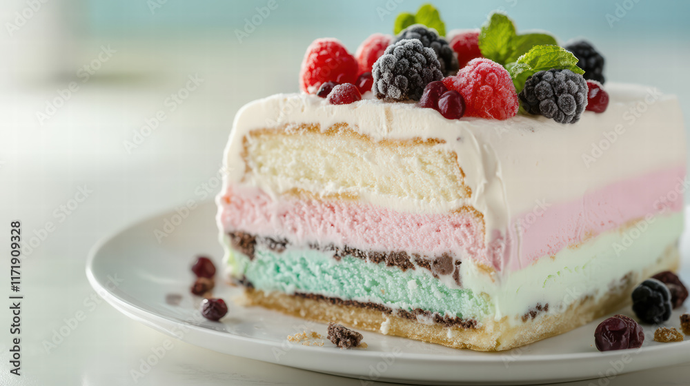 gourmet ice cream cake with unique flavors, featuring layers of mint, strawberry, and vanilla, topped with fresh berries and mint leaves for delightful presentation gourmet ice cream cake with unique flavors, featuring layers of mint, strawberry, and vanilla, topped with fresh berries and mint leaves for delightful presentation