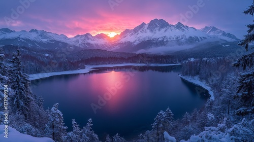 Fototapeta Naklejka Na Ścianę i Meble -  Serene winter landscape with snow-covered trees and mountains reflecting in a peaceful lake at sunset, Tatra National Park, Poland