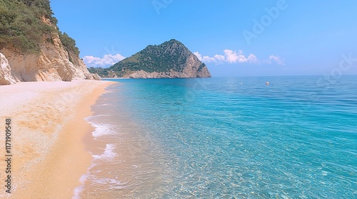 Secluded beach with clear turquoise water, golden sand, and a rocky headland under a sunny sky.