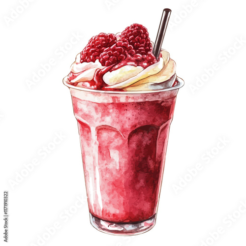 A watercolor vector painting of an Iced Raspberry Frappuccino, isolated on a white background. Iced Raspberry Frappuccino vector.

